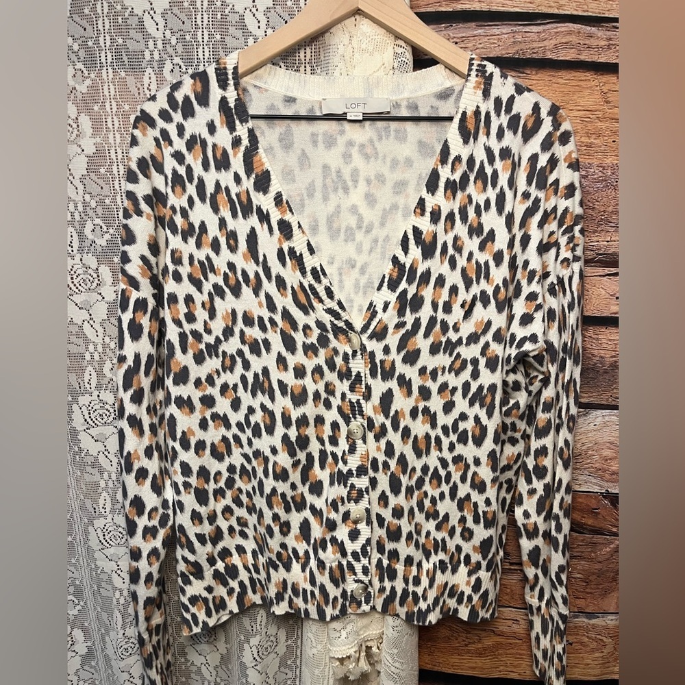 LOFT 100% Cotton Animal Print Women's V-Neck Cardigan - Picture 4 of 13